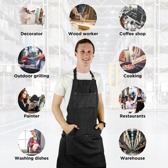 😍NWOT 1 PC UNISEX PREMIUM DENIM APRON BLACK ALL PURPOSE KITCHEN BBQ WORK PAINT - Picture 4 of 9